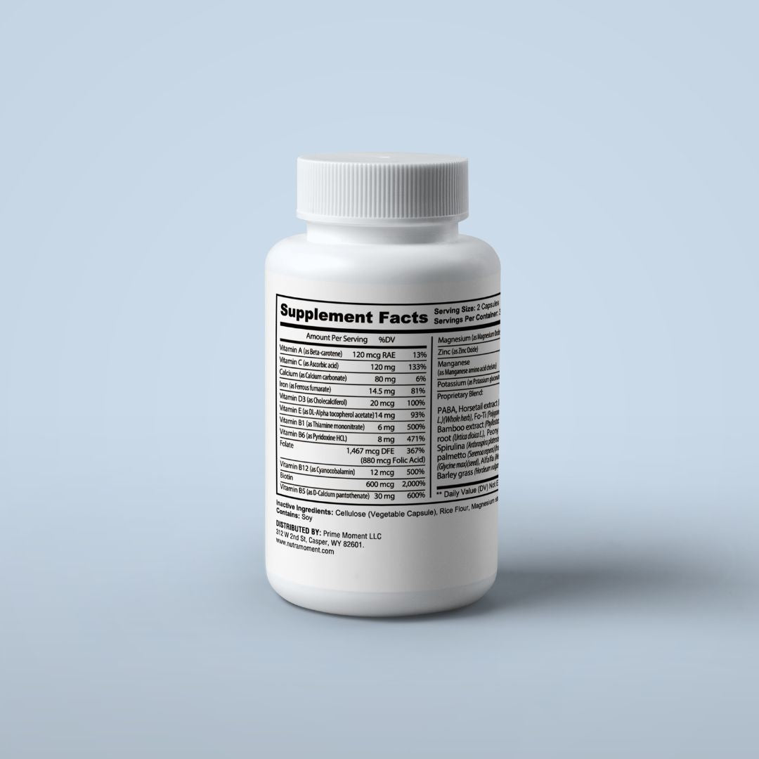 Nutra Moment Hair, Skin & Nails Supplement displayed with fresh fruits