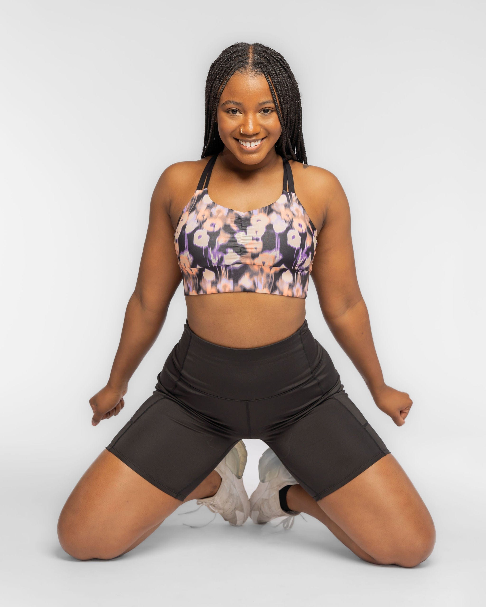 Back view highlighting support features of Double Down Bra in Blossom