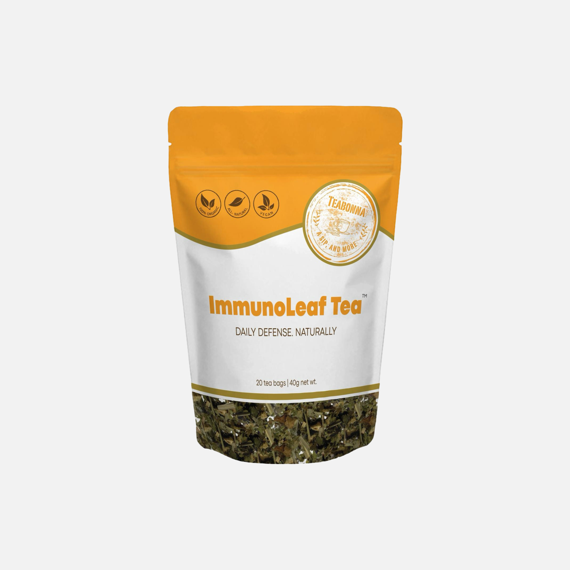 ImmunoLeaf Herbal Tea packaging with herbal blend background