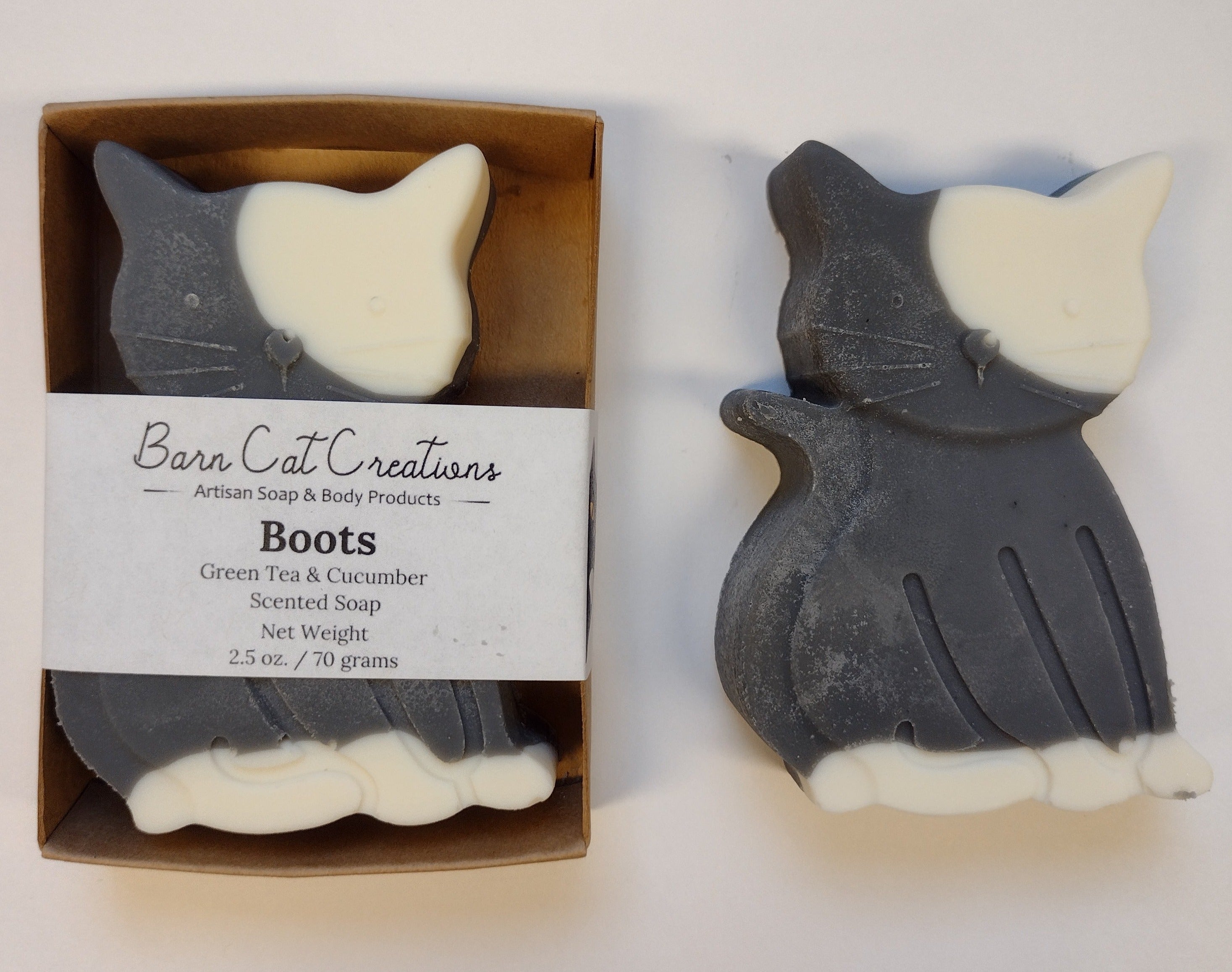 Front view of Boots Kitty Cat Soap in black and white by Barn Cat Creations