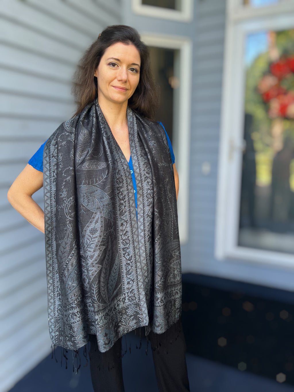 Black and Gray Modal Jamawar Pashmina Scarf displayed with outfit options