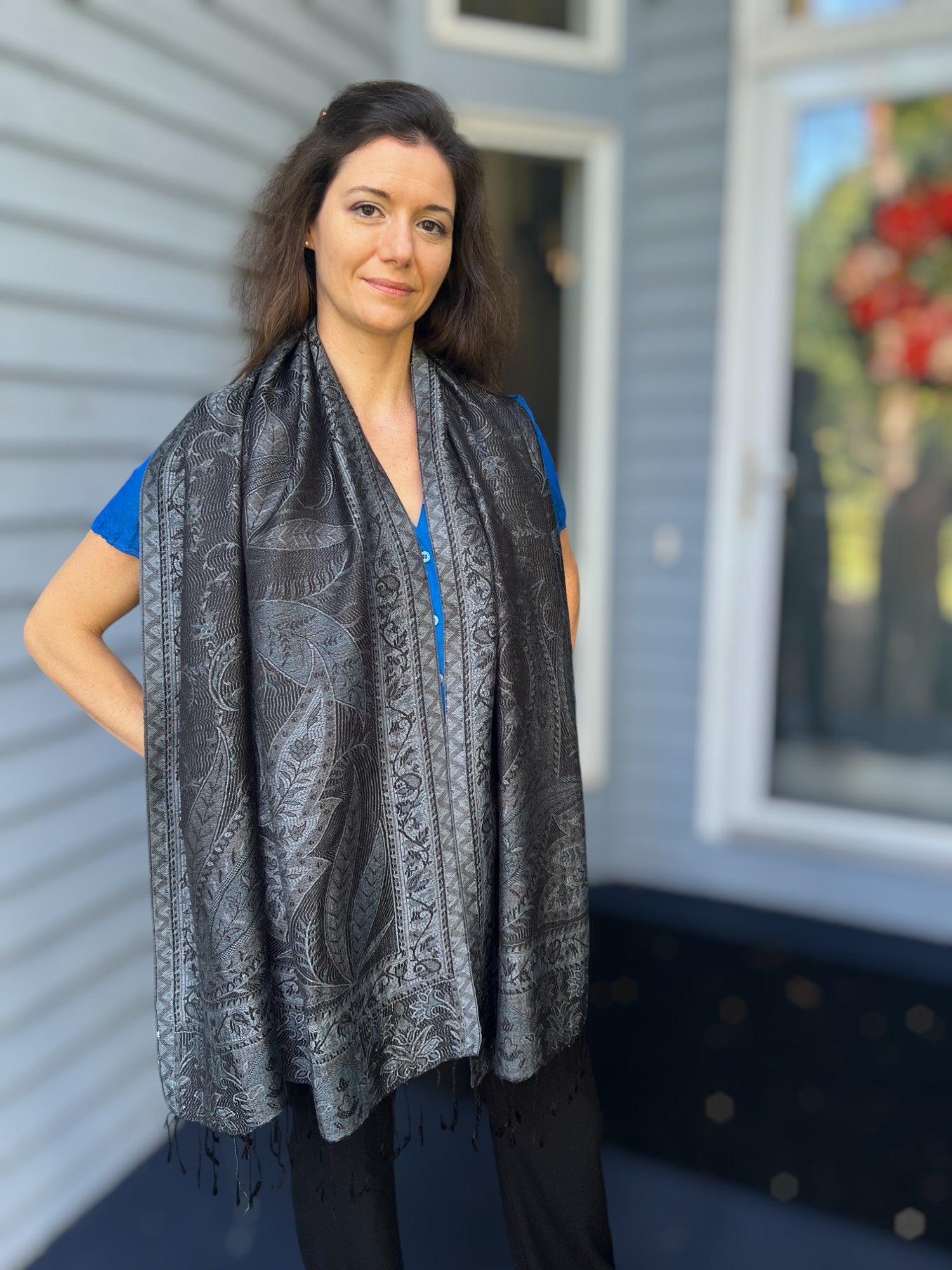 Black and Gray Modal Jamawar Pashmina Scarf displayed with outfit options