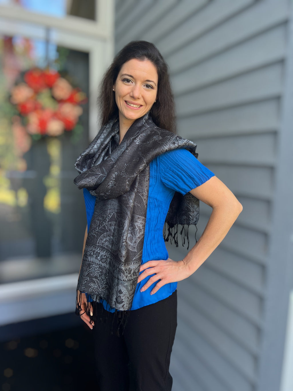 Fashionable Black and Gray Modal Jamawar Pashmina Scarf in natural light