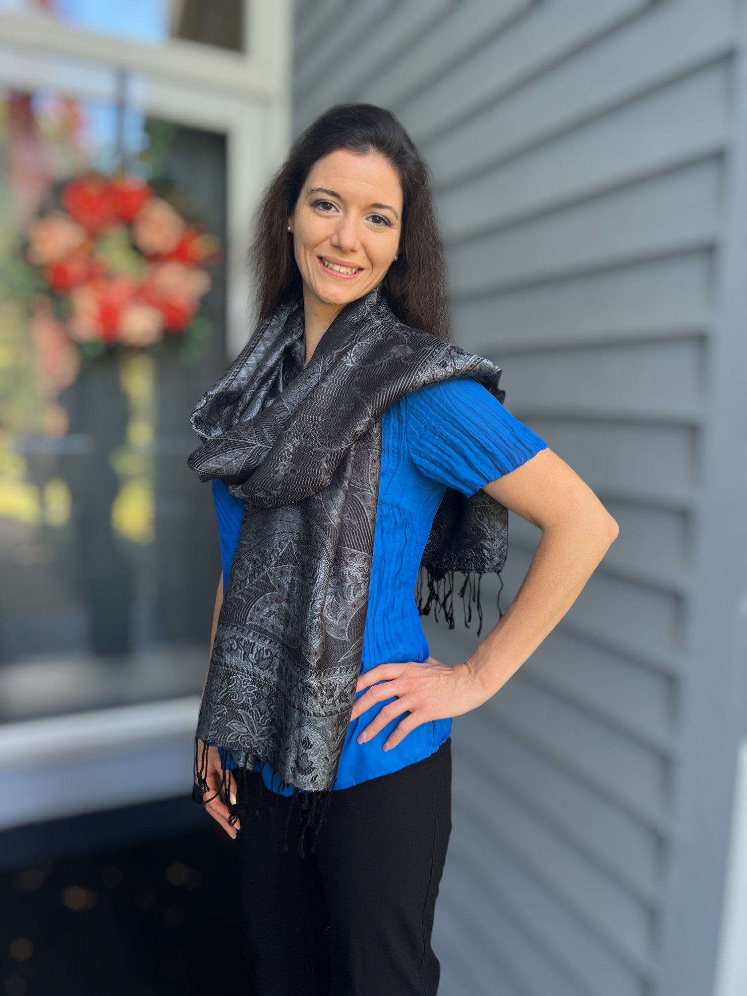 Fashionable Black and Gray Modal Jamawar Pashmina Scarf in natural light