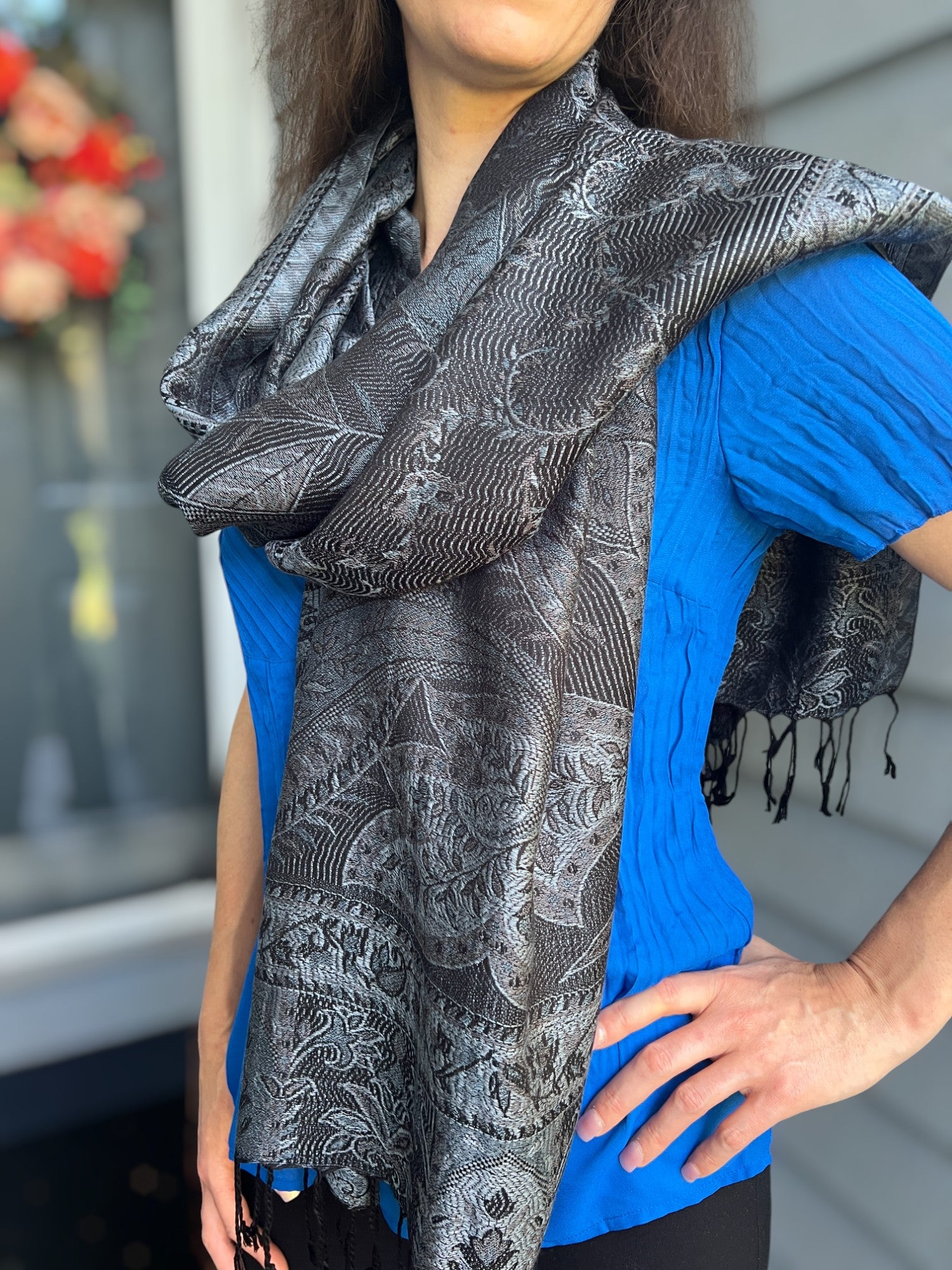 Elegant view of Black and Gray Modal Jamawar Pashmina Scarf by Gobingya