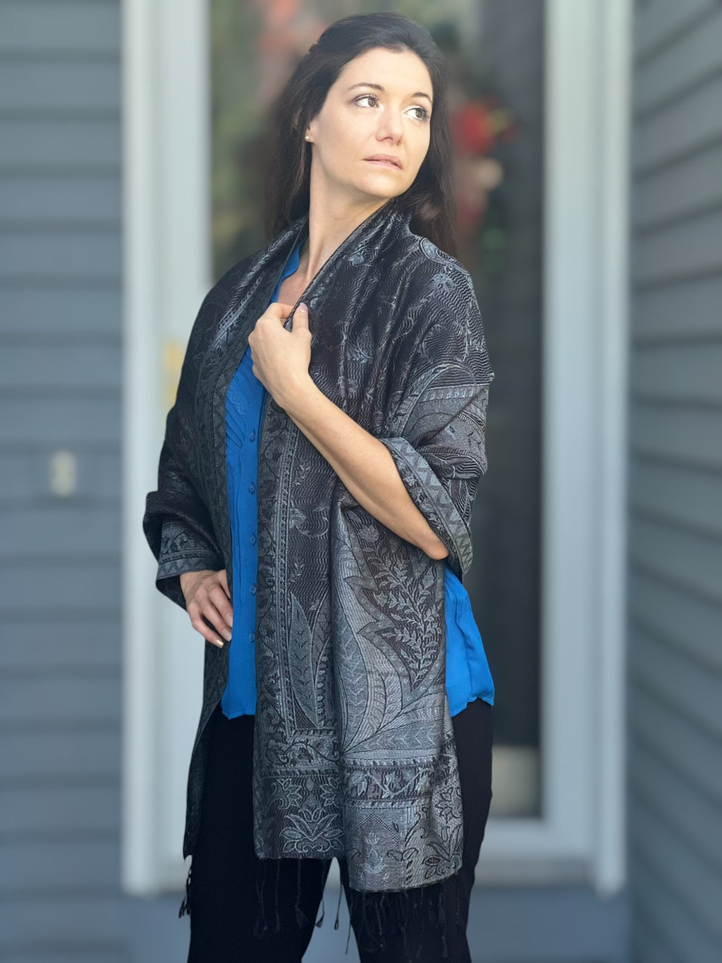 Luxurious Black and Gray Modal Jamawar Pashmina Scarf on a wooden table