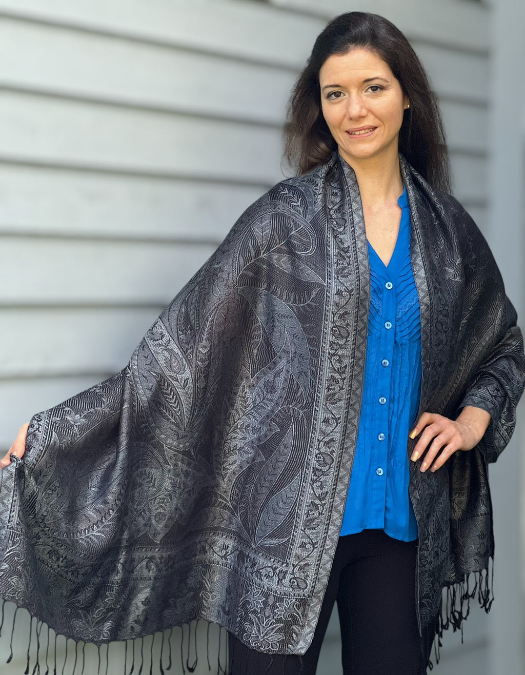 Stylish Black and Gray Modal Jamawar Pashmina Scarf draped elegantly