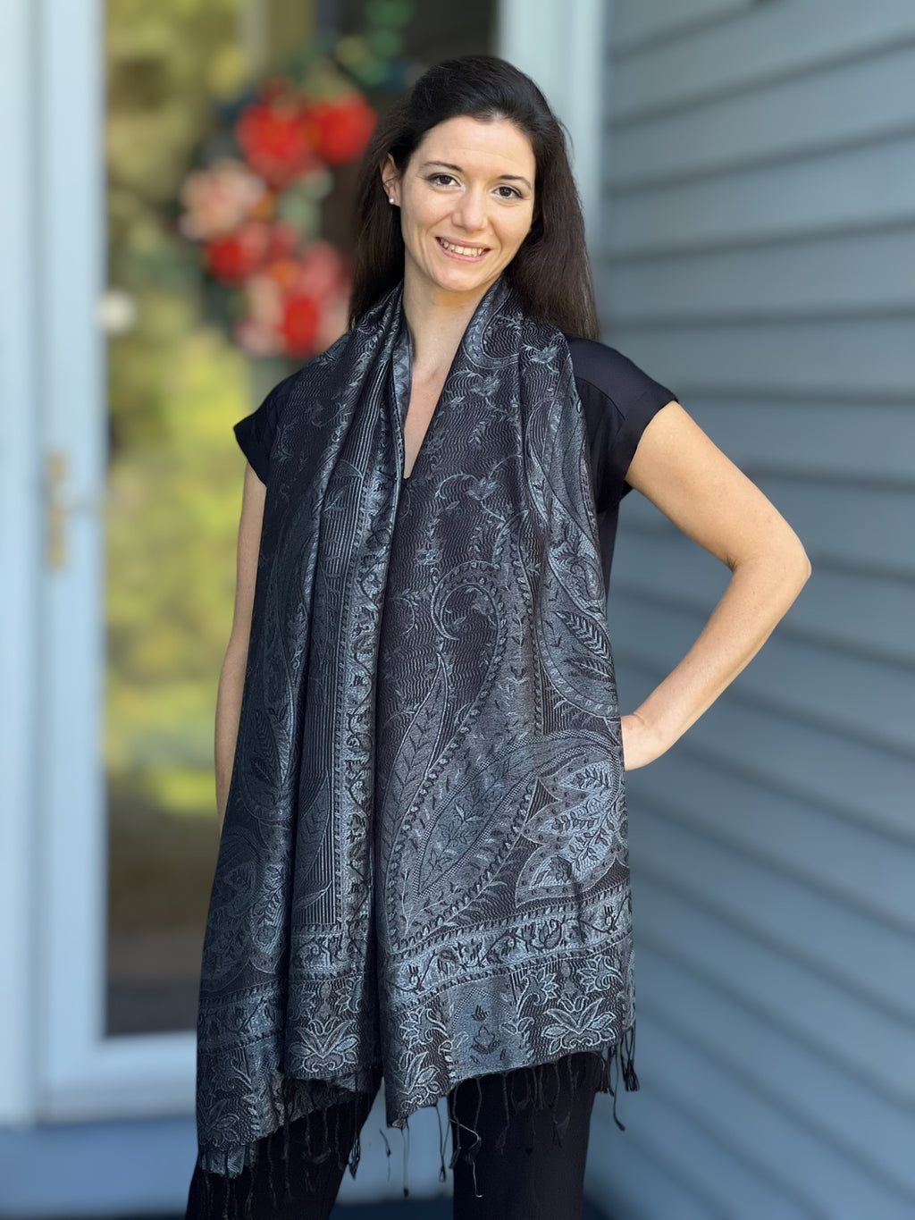Model showcasing Black and Gray Modal Jamawar Pashmina Scarf in motion