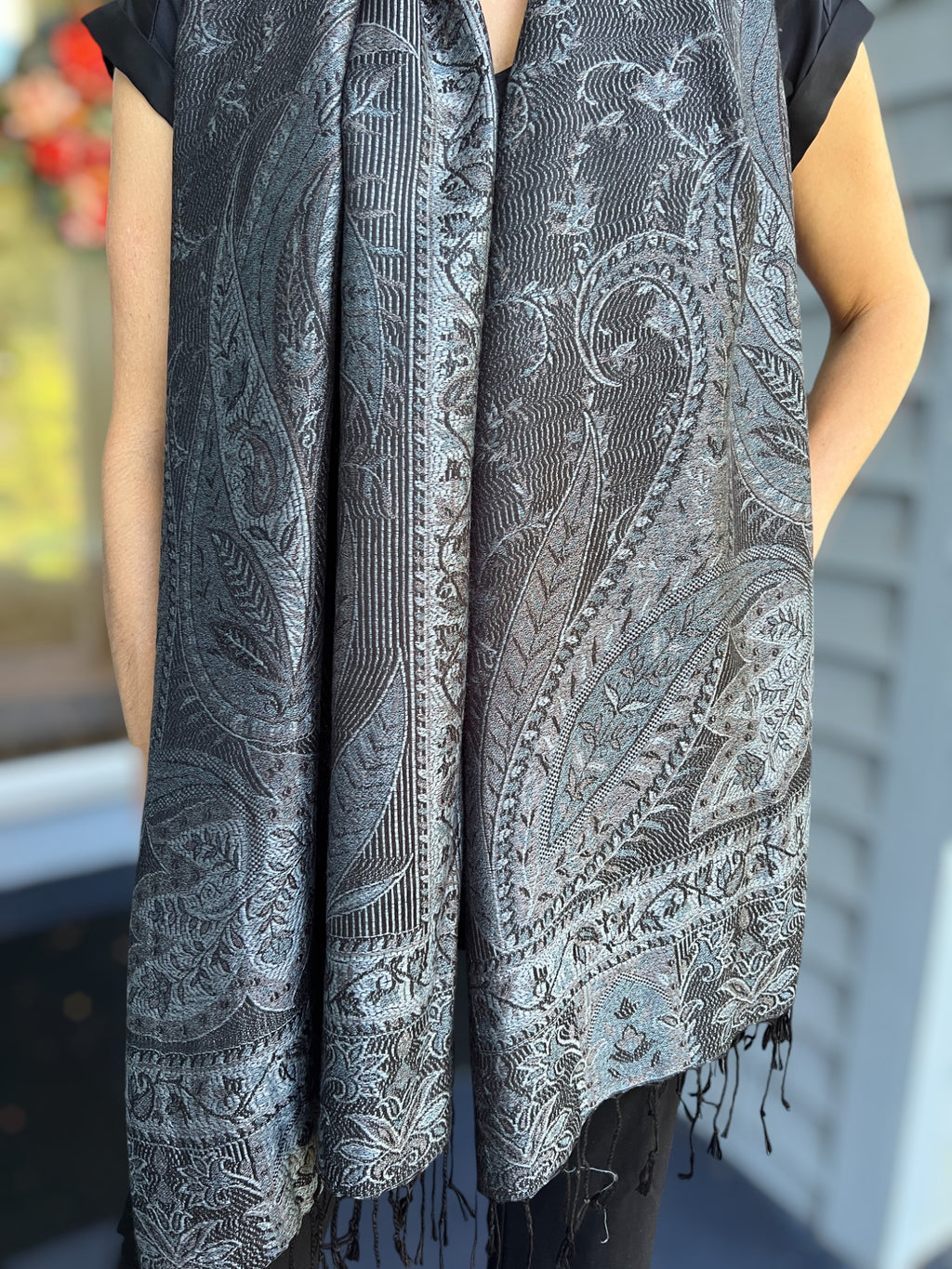 Versatile Black and Gray Modal Jamawar Pashmina Scarf worn as a wrap
