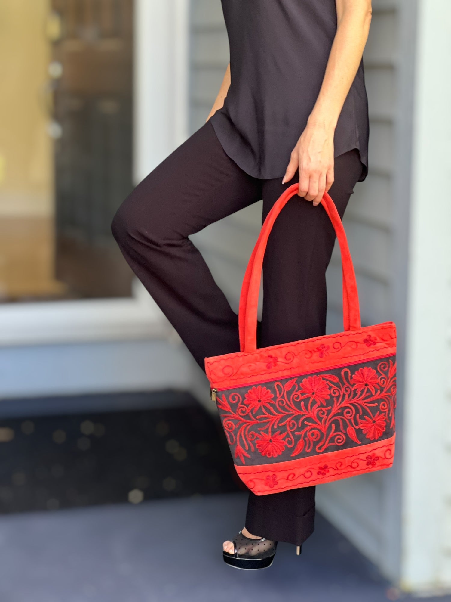 Front view of Artisan Red Suede Floral Tote Bag by Gobingya