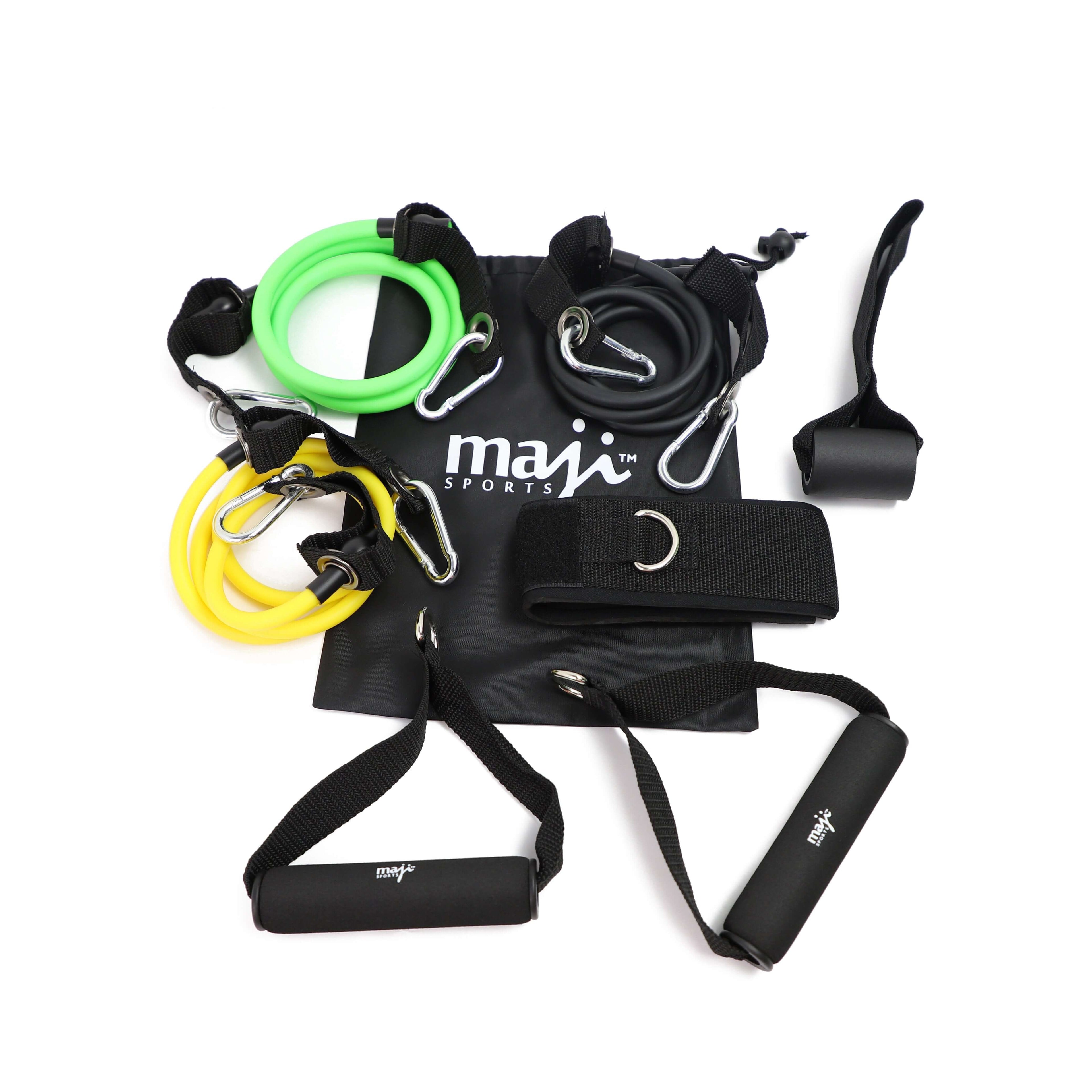 User demonstrating exercises with Maji Sports Full-Body Resistance Tube Kit