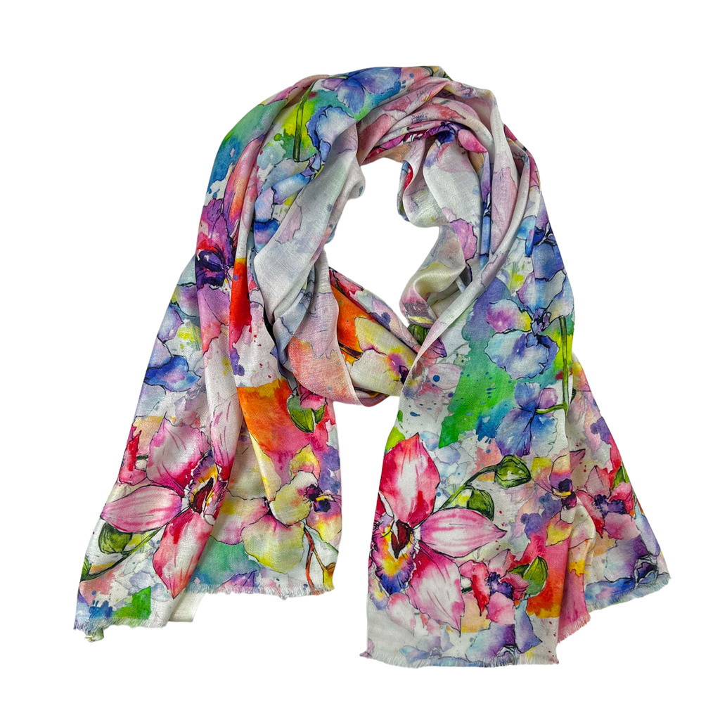 Spring Flowers Digitally Printed Abstract Watercolor Scarf