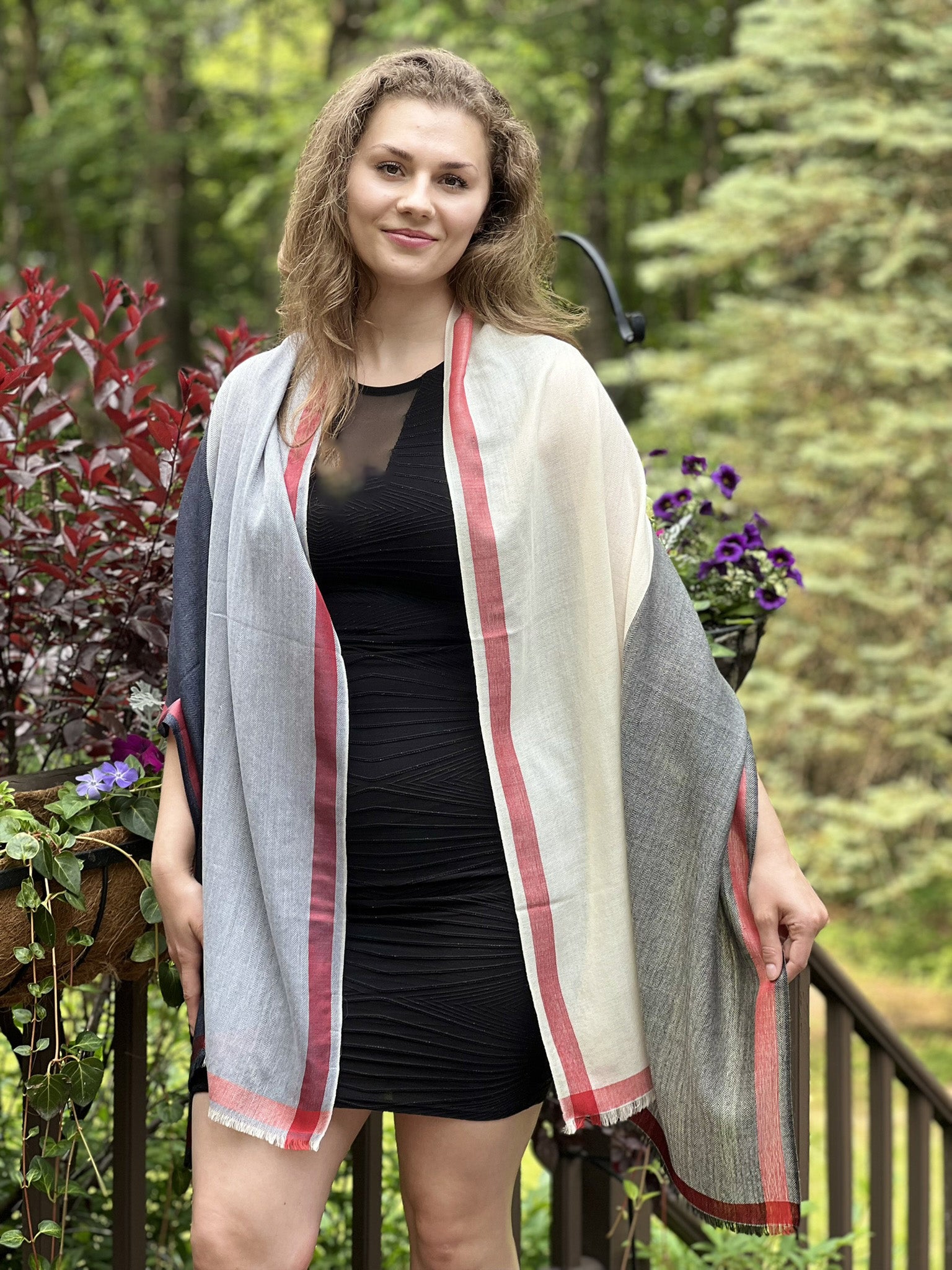 Front view of Premium Black and White Plaid Wool & Silk Scarf by Gobingya