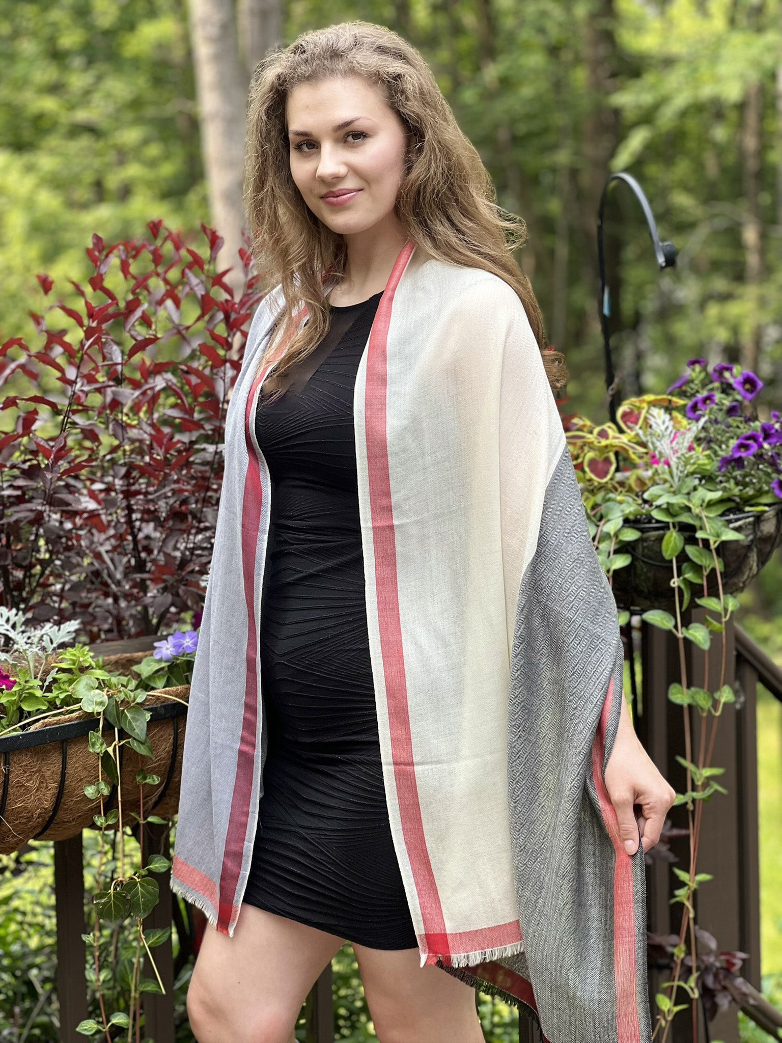 Side view showcasing the texture of Black and White Plaid Wool & Silk Scarf