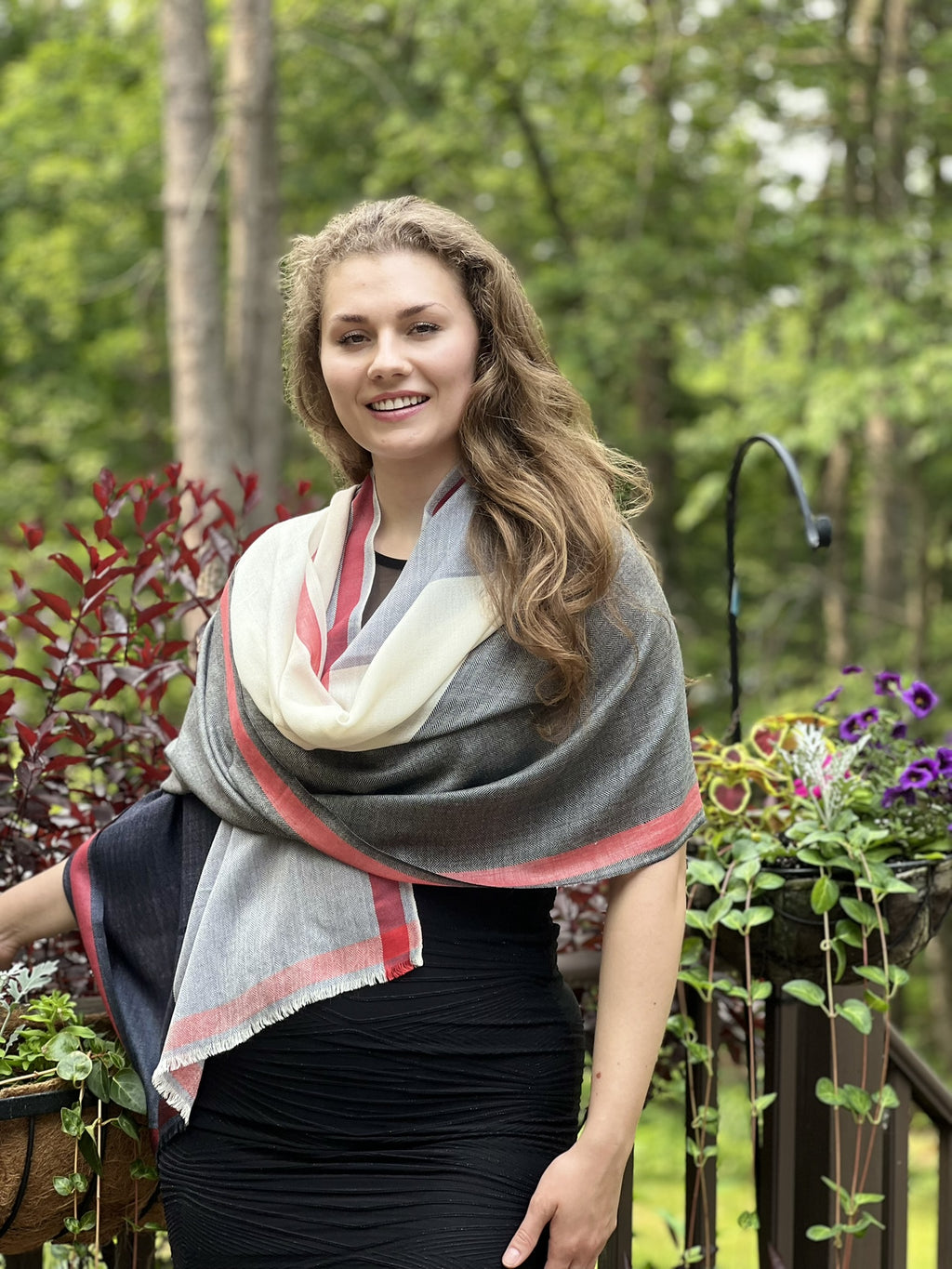 Back view of the Premium Black and White Plaid Wool & Silk Scarf