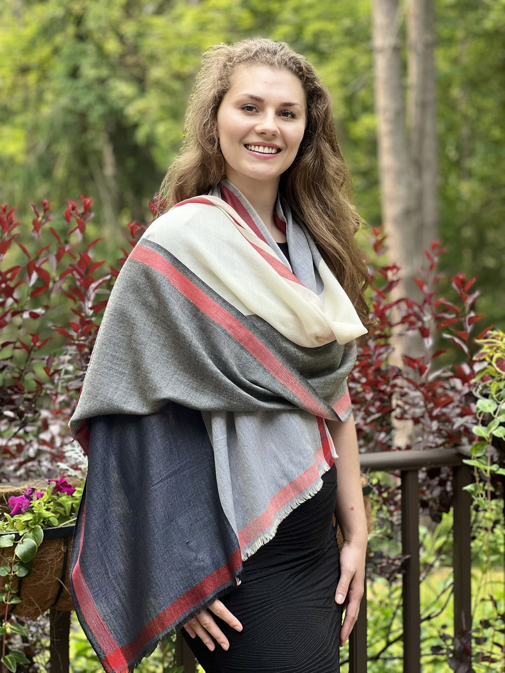 Close-up of the luxurious fabric of Black and White Plaid Wool & Silk Scarf