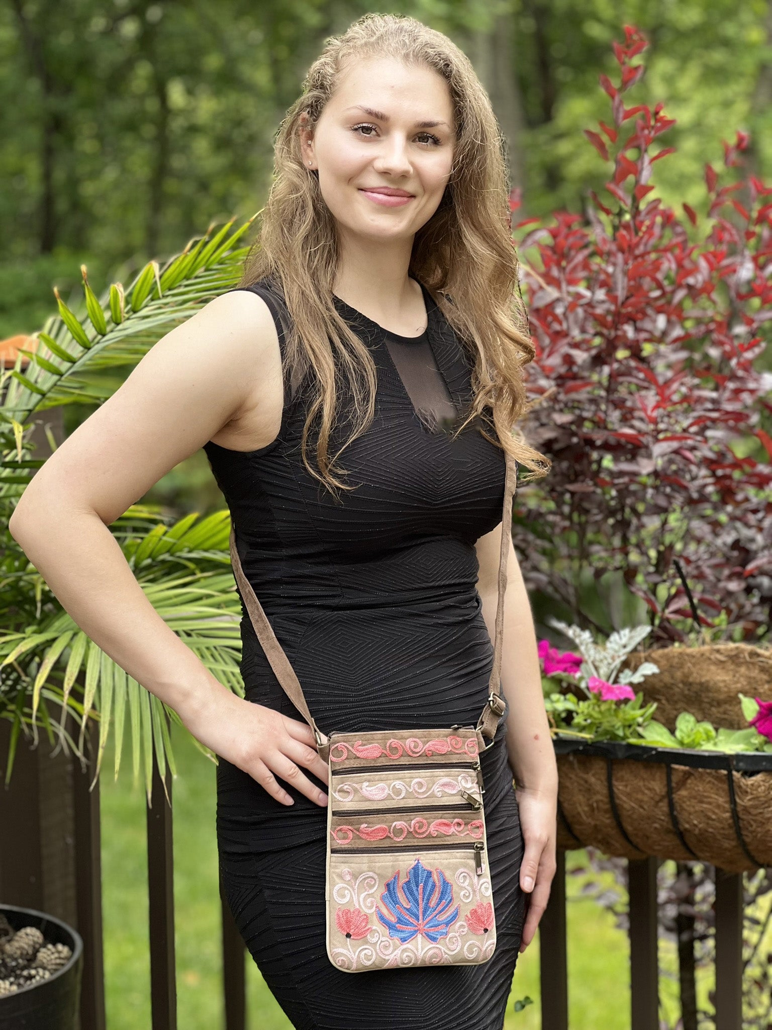 Suede Embroidered Taupe and Blue Five Zipper Crossbody Bag