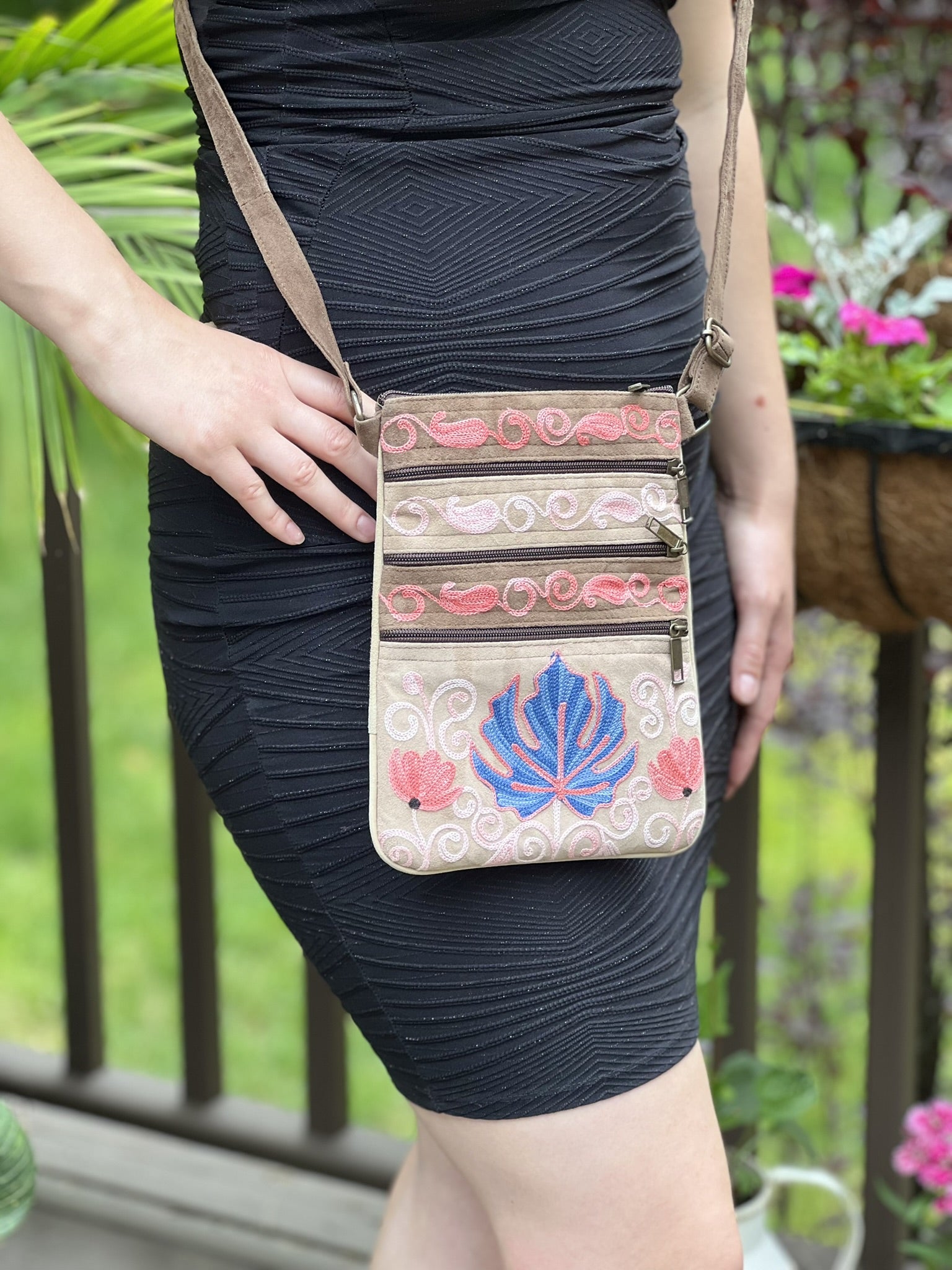Suede Embroidered Taupe and Blue Five Zipper Crossbody Bag