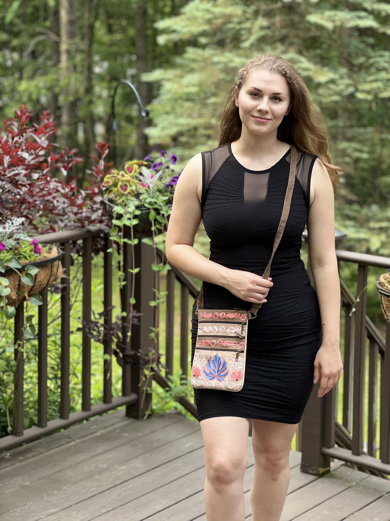 Suede Embroidered Taupe and Blue Five Zipper Crossbody Bag