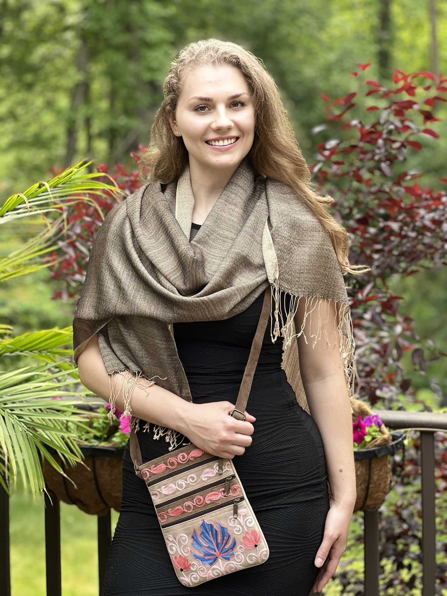 Suede Embroidered Taupe and Blue Five Zipper Crossbody Bag