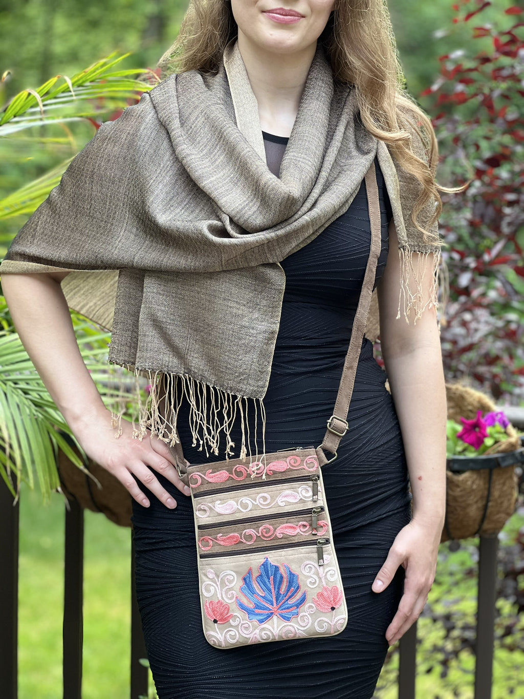 Suede Embroidered Taupe and Blue Five Zipper Crossbody Bag