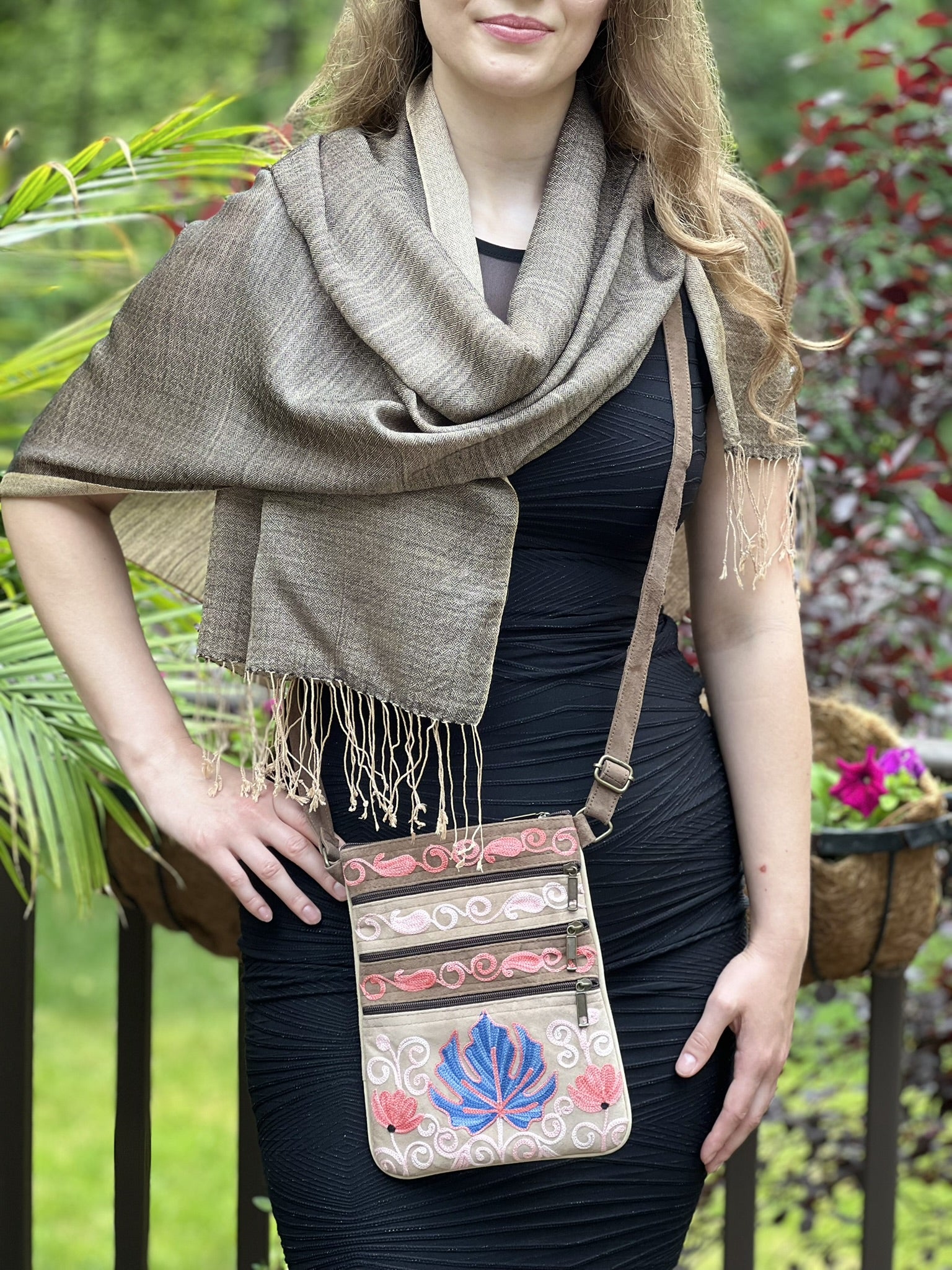 Suede Embroidered Taupe and Blue Five Zipper Crossbody Bag