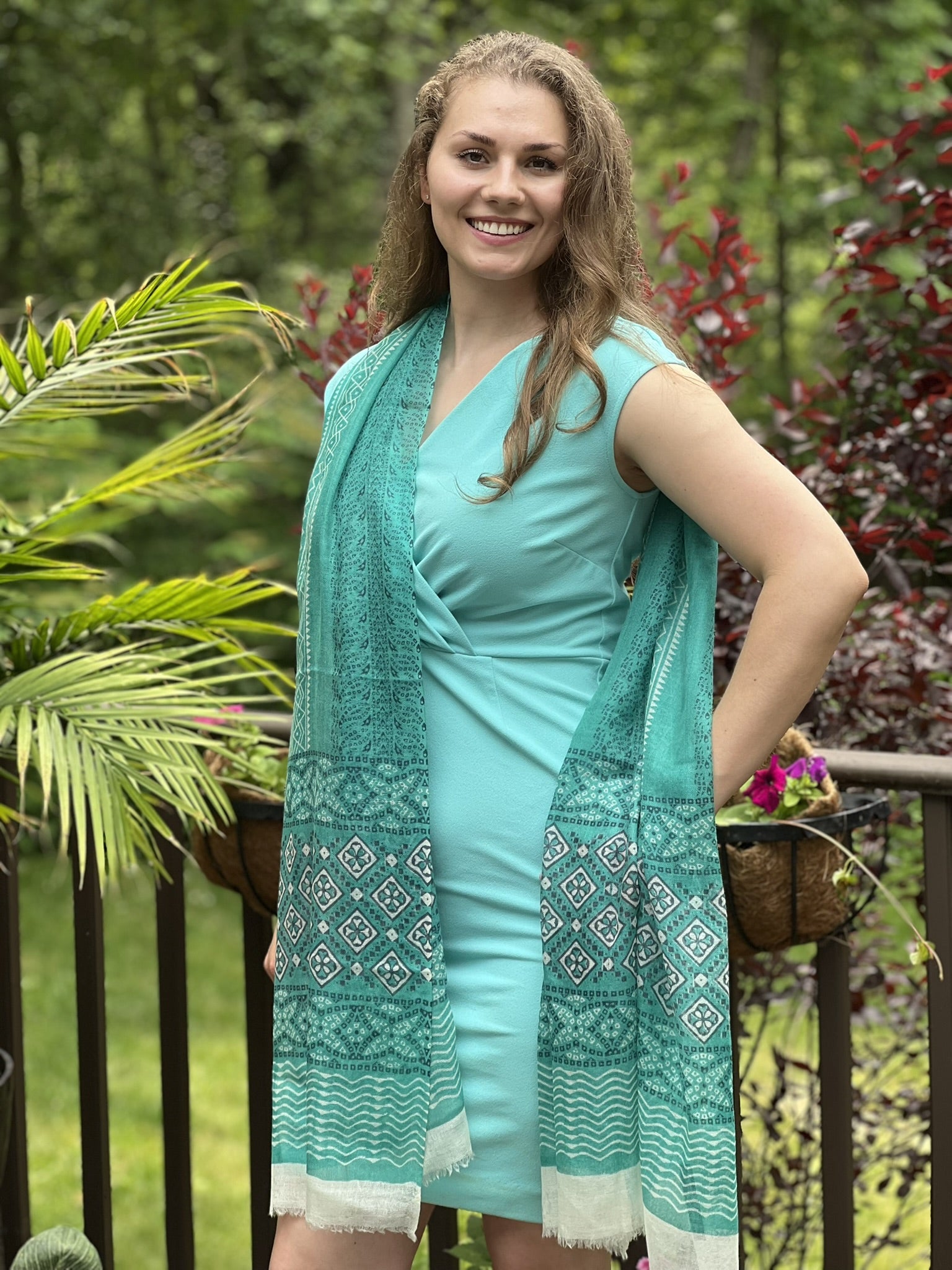 Luxurious Green Hand-Painted Wool & Silk Blend Scarf styled for a casual look