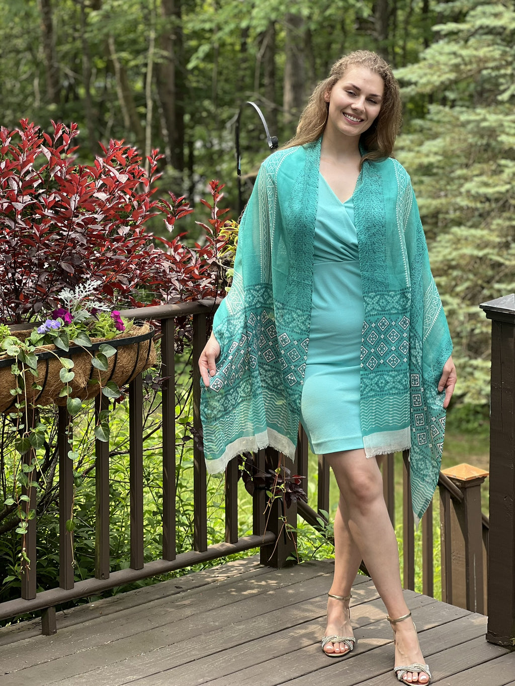 Model wearing Luxurious Green Hand-Painted Wool & Silk Blend Scarf by Gobingya