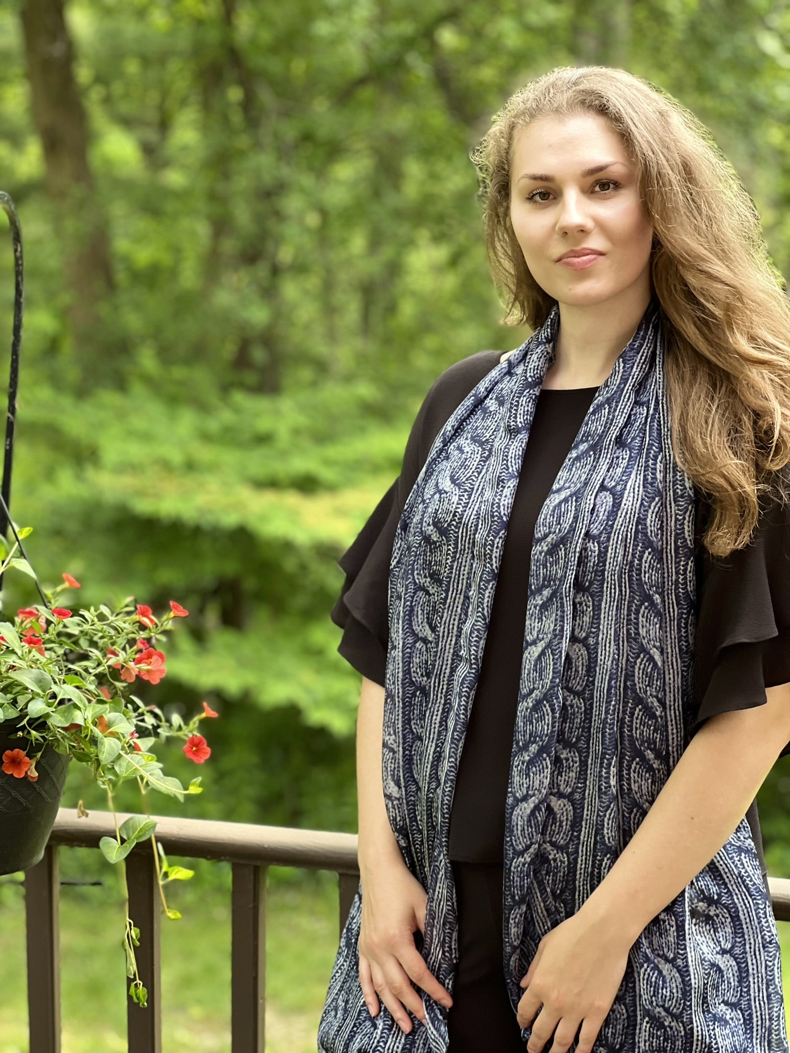 Close-up of the luxurious fabric of Navy Blue Silk Scarf by Gobingya