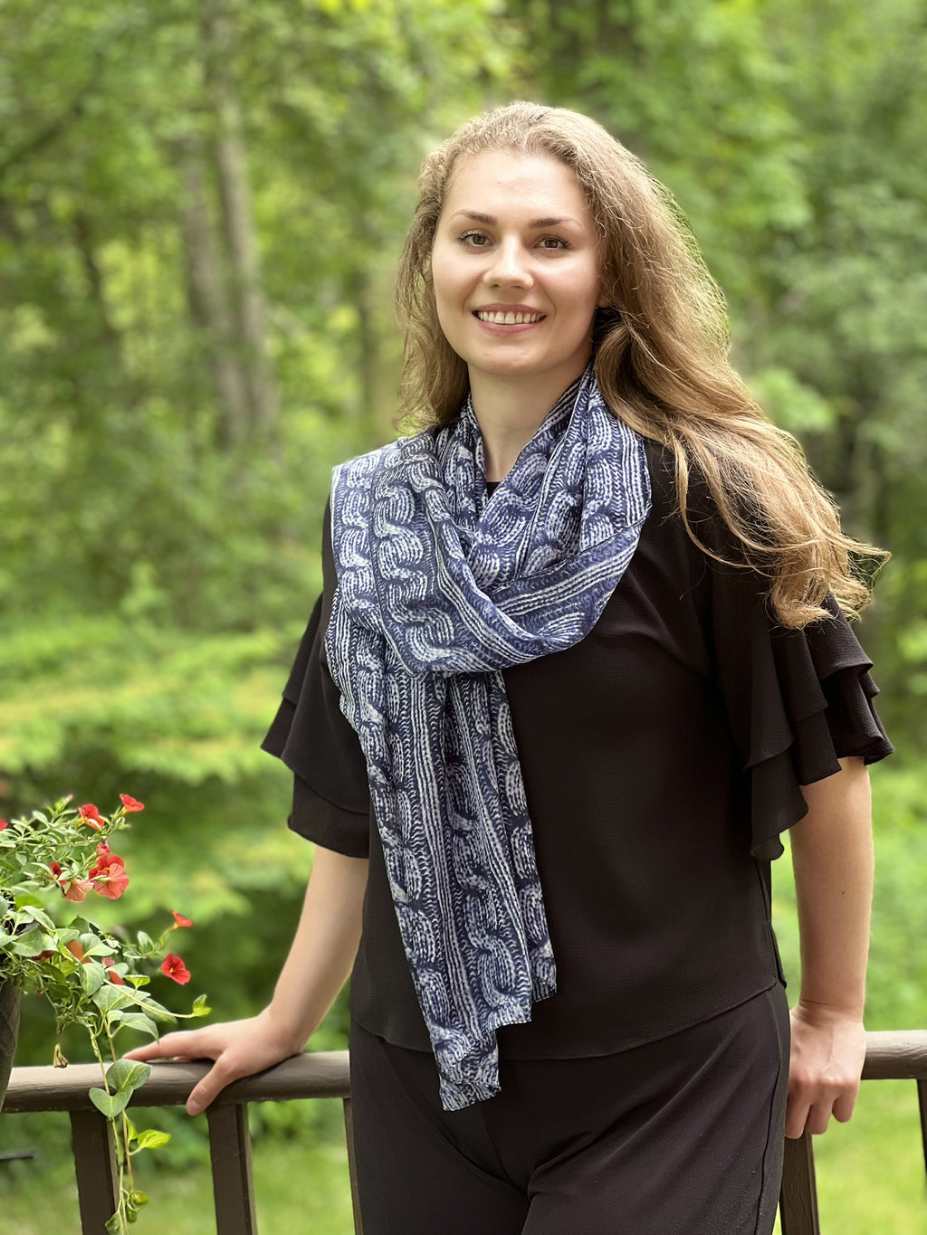 Detail of digitally printed pattern on Navy Blue Silk Scarf by Gobingya