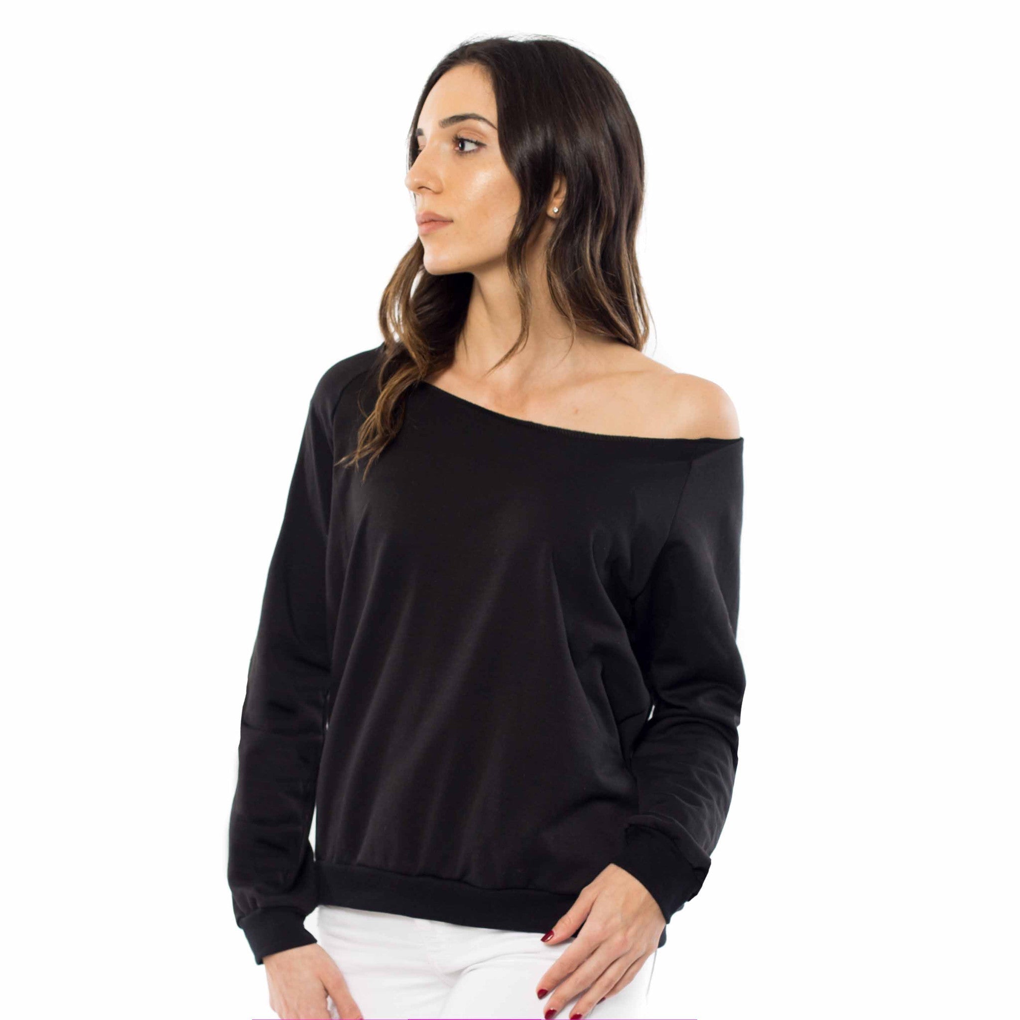 Back view of Women's Off-Shoulder Fleece Pullover highlighting the fit by Gobingya
