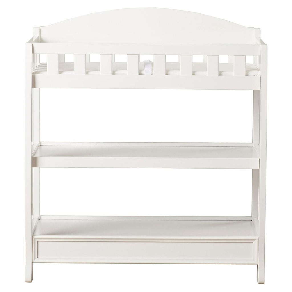 Modern White Wooden Baby Changing Table with Safety Rail Pad and Strap
