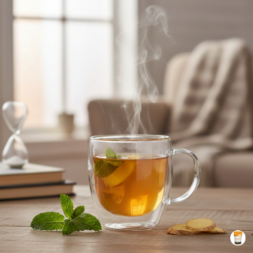 Close-up of ginger and lemongrass ingredients in ImmunoLeaf Herbal Tea