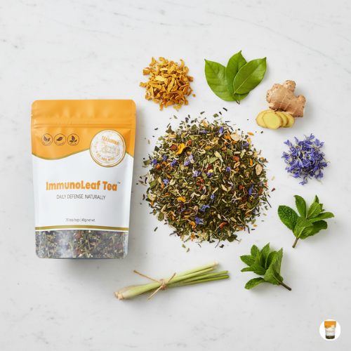 Relaxing setting with ImmunoLeaf Herbal Tea and fresh ginger