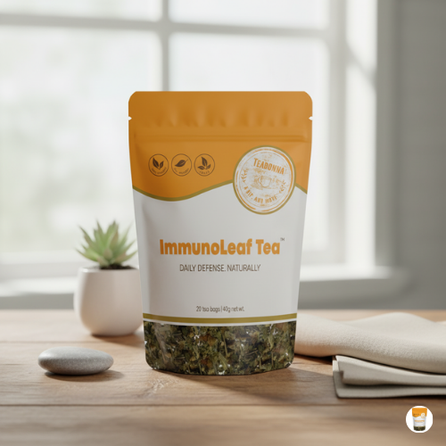 Front view of ImmunoLeaf Herbal Tea by TeaBonna in a cup