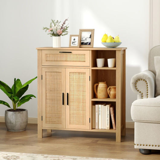 Boho Buffet Sideboard Storage Cabinet with Drawer and Rattan Woven Doors-Natural
