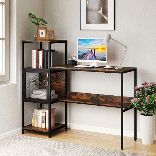 Top view of workspace on Rustic Brown Computer Desk with books by Gobingya