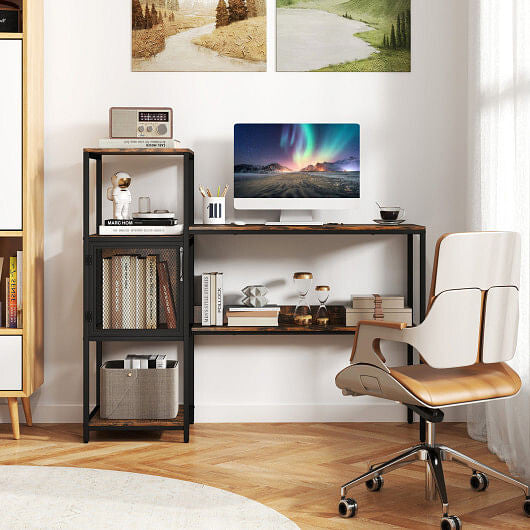 Rustic Brown Computer Desk with integrated bookshelf in home office by Gobingya
