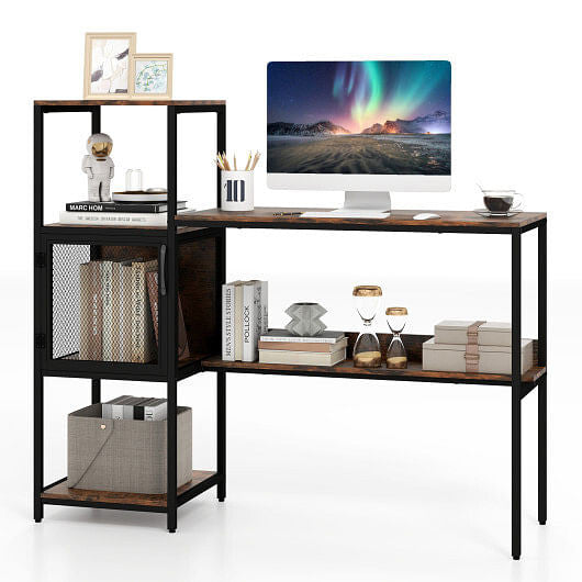 Front view of Rustic Brown Computer Desk with Bookshelf by Gobingya