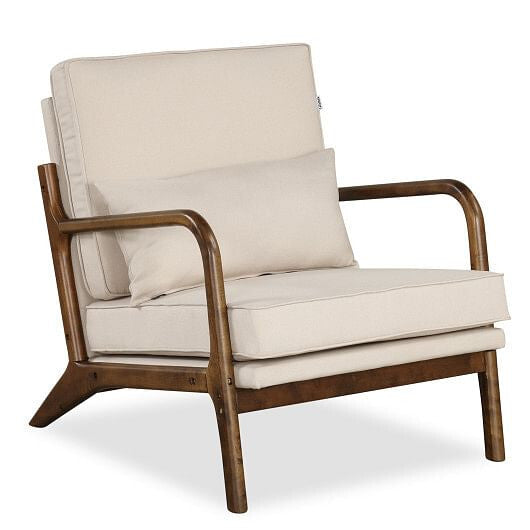 Modern Accent Chair with Rubber Wood Armrests and Removable Back-Beige