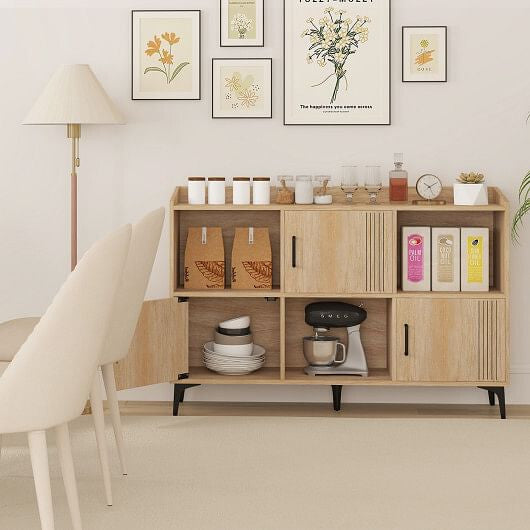Sideboard Storage Cabinet Bookcase with 3 Doors and Open Compartments-Oak