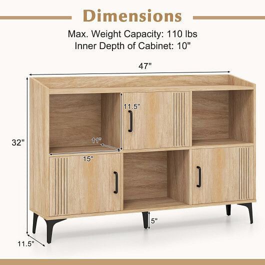 Sideboard Storage Cabinet Bookcase with 3 Doors and Open Compartments-Oak