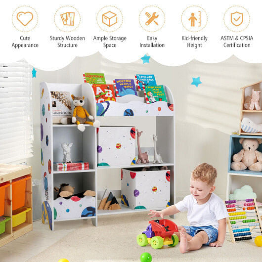 Top view of Gobingya Kids Toy and Book Organizer filled with books and toys