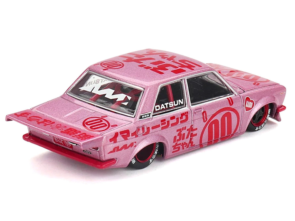 Front view of Datsun 510 Pro Street #00 Buta V1 Diecast Model in Pink Metallic by Mini GT