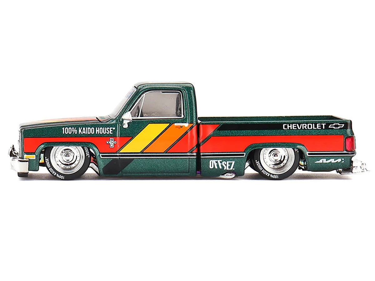 Dark Green Metallic Chevrolet Silverado Kaido Works V3 Diecast Model by Mini GT front view