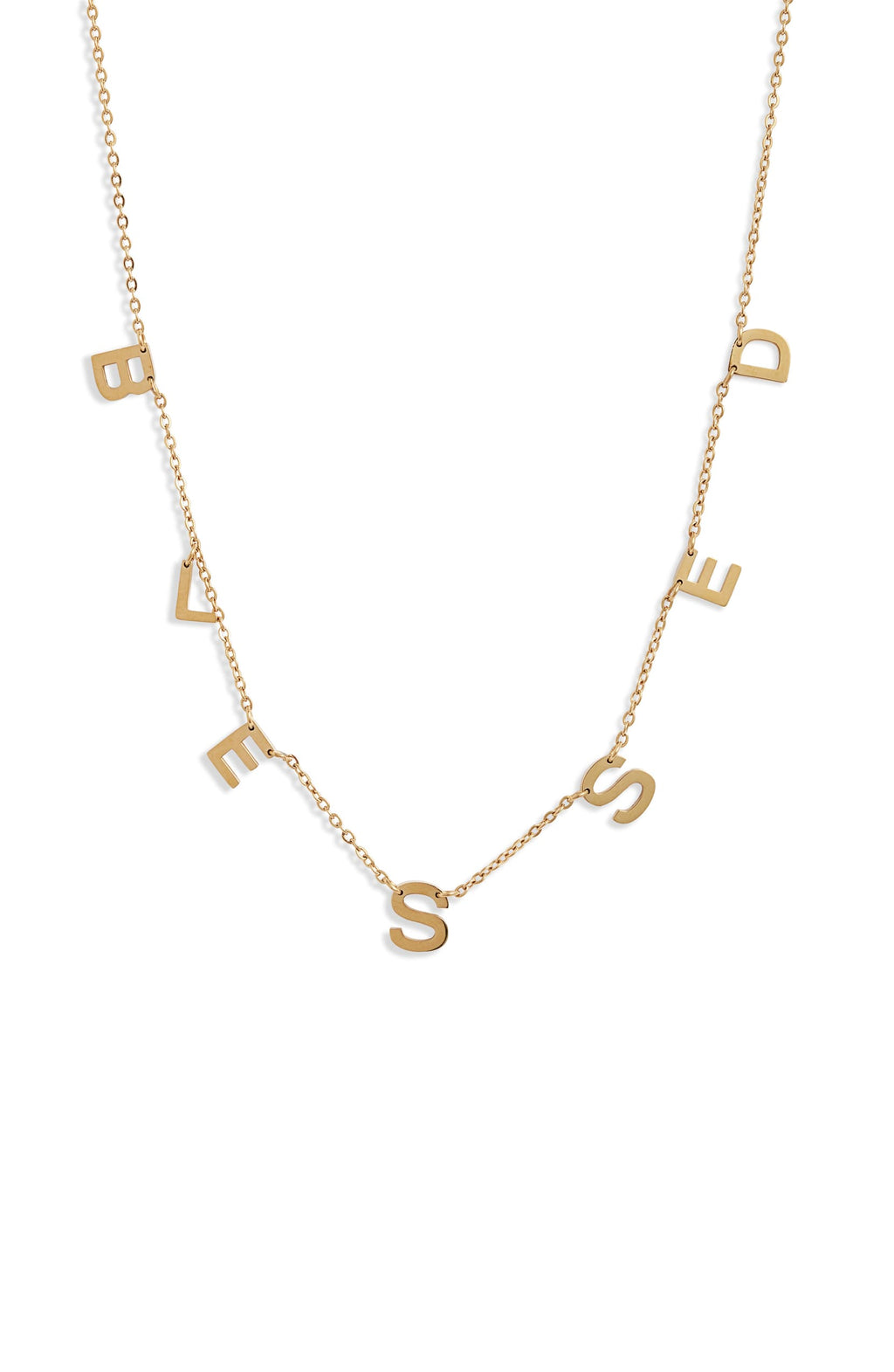 Front view of Blessed Charm Necklace by Knotty in gold-tone stainless steel