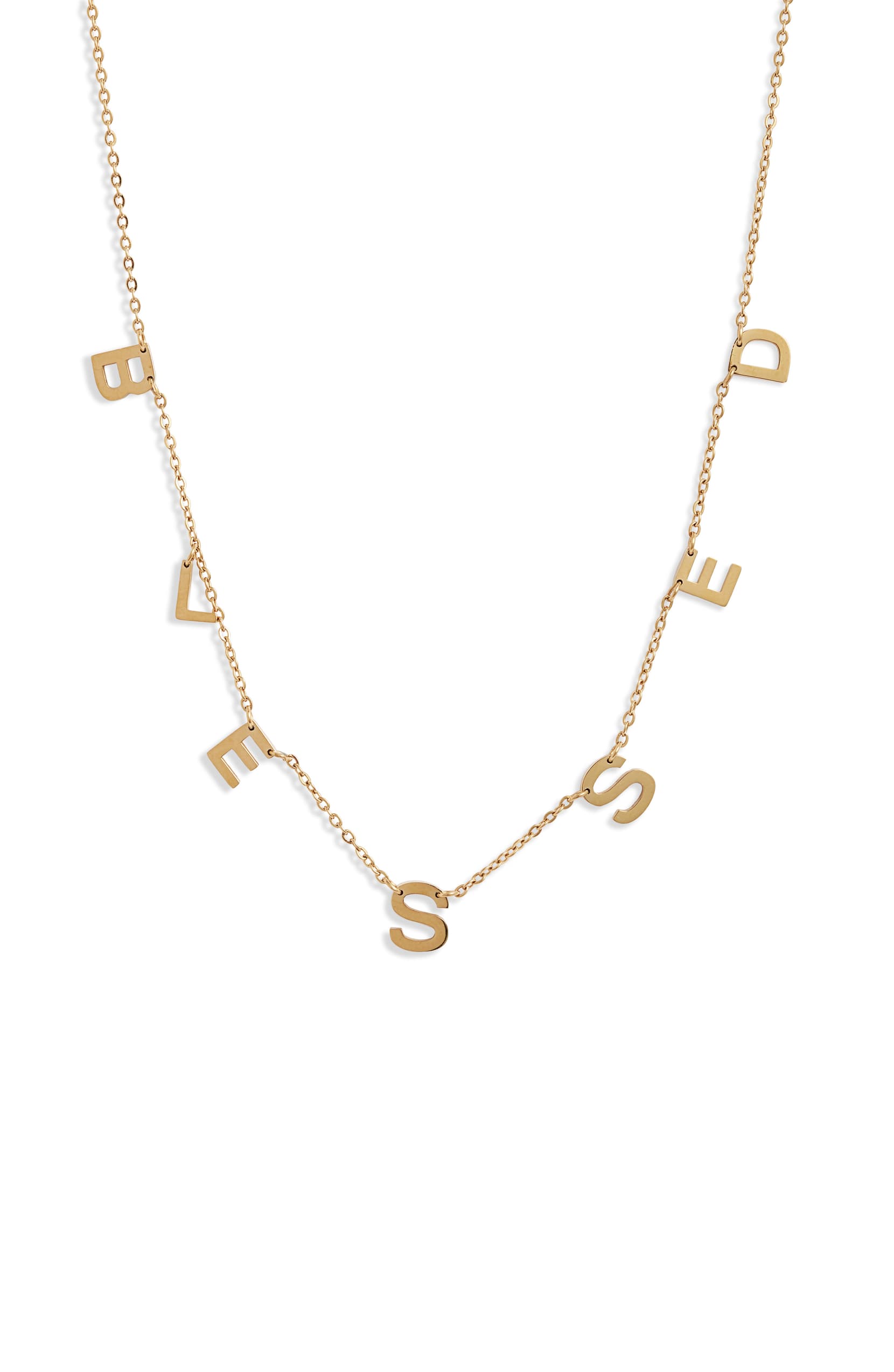 Front view of Blessed Charm Necklace by Knotty in gold-tone stainless steel