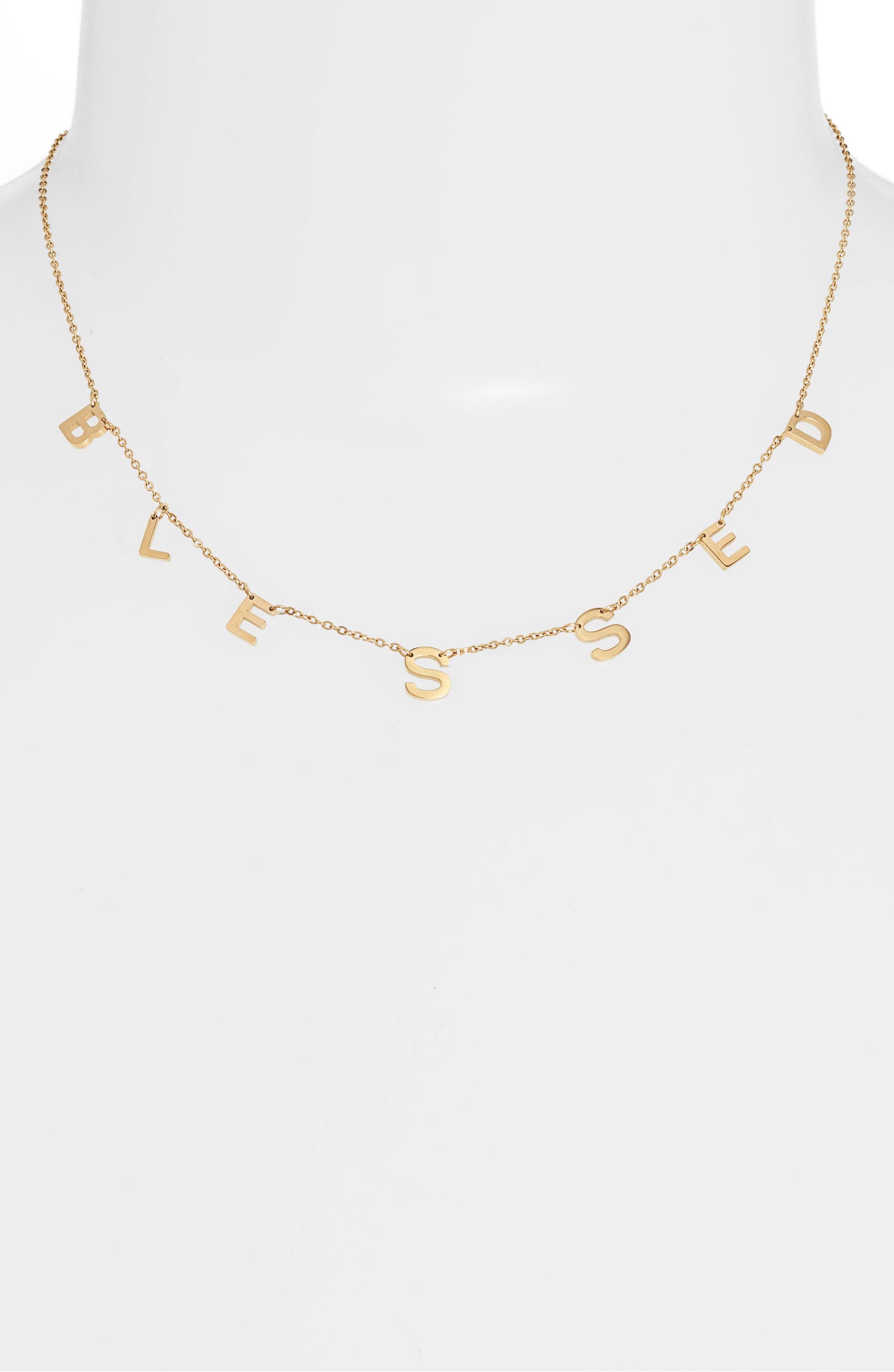 Side view of adjustable Blessed Charm Necklace showcasing dangling letters