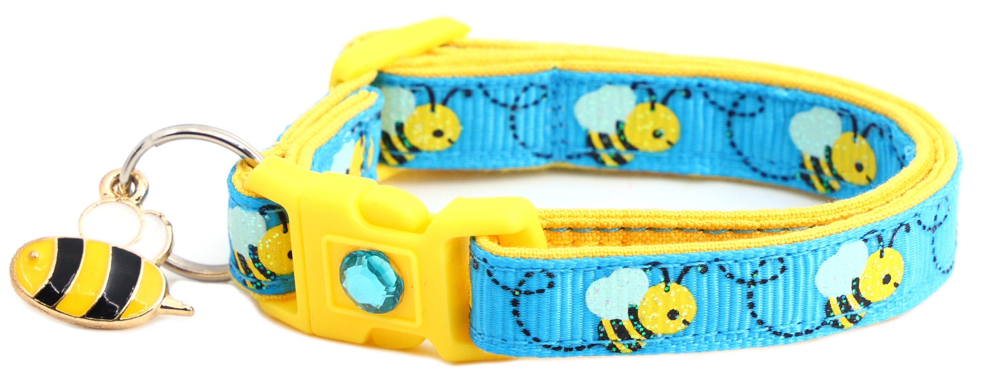 Handmade Honey Bees Cat Collar showcased with floral decor