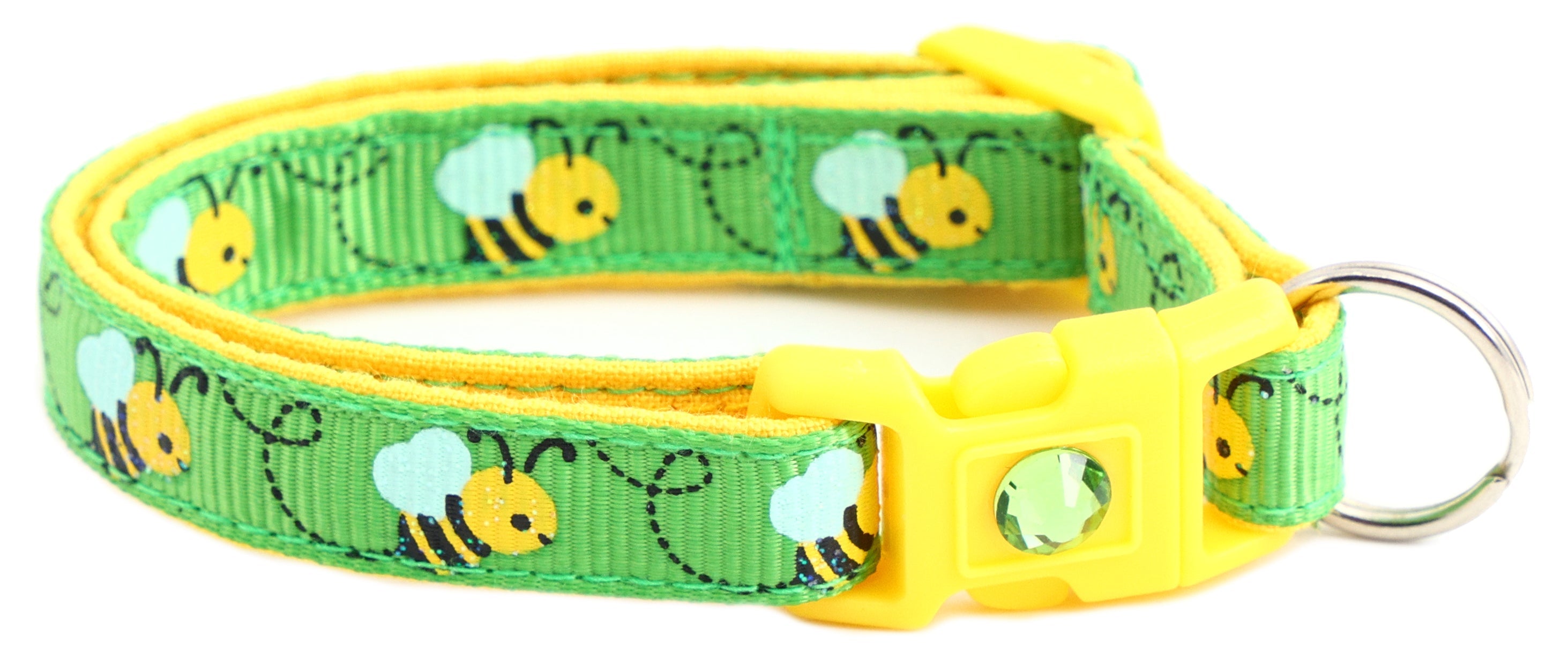 Handmade Honey Bees Breakaway Collar displayed in a pet store